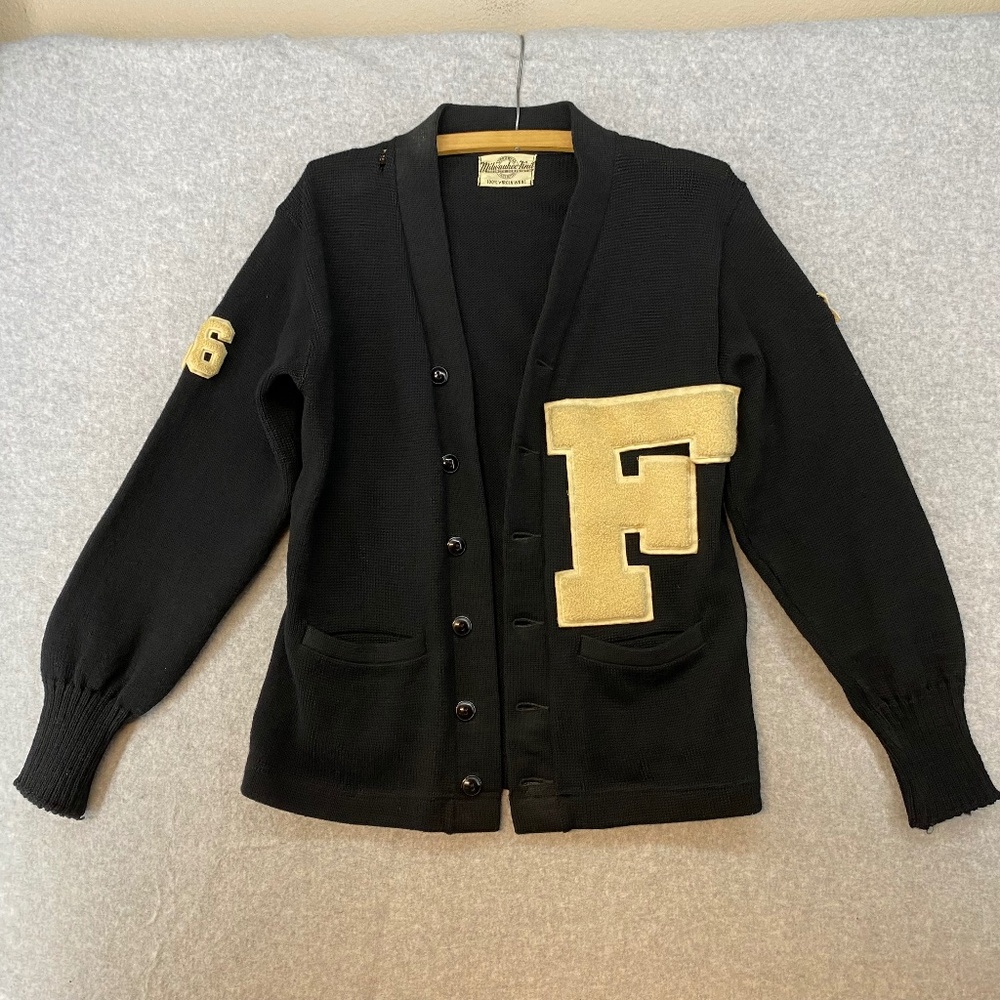 Vintage 1956 Milwaukee Knit Letterman Sweater Black F Button Front Virgin Wool
